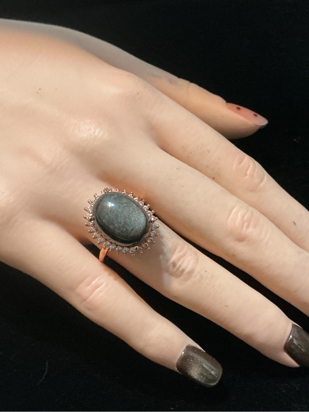 Adjust. Rose Gold Silver Obsidian Ring
